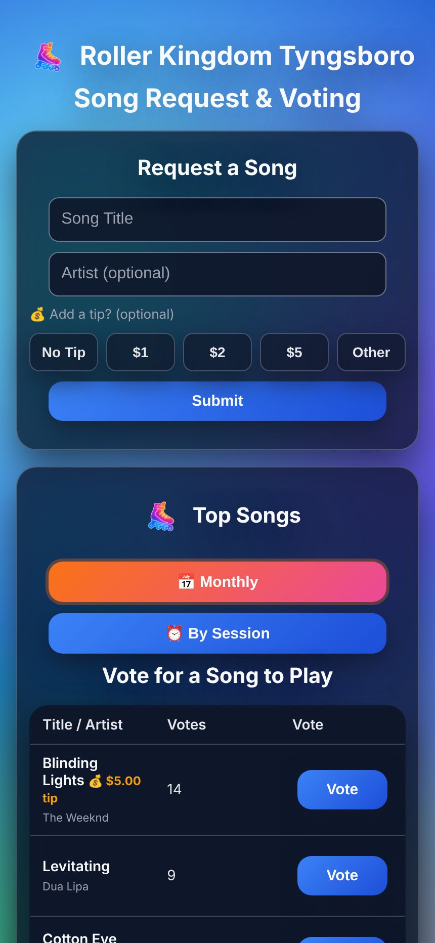 Song request and DJ tip web app on a phone