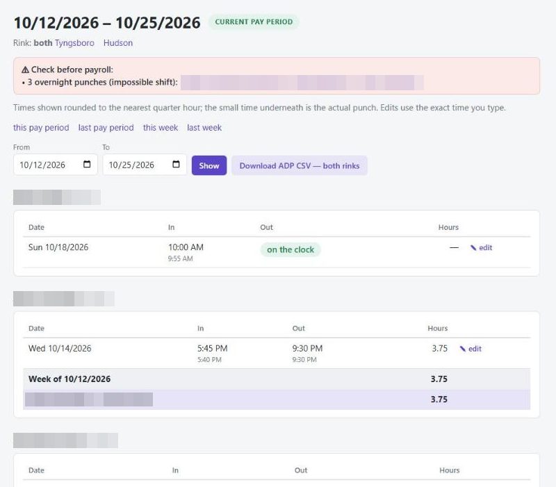 Self-hosted employee timeclock timecards page with ADP export